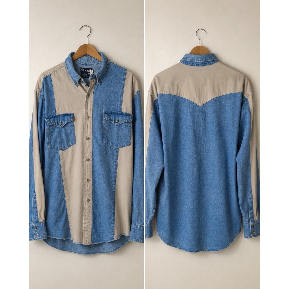 Vintage Wrangler Long Sleeve Shirt 16.5x35 Large Blue 90s Made In USA